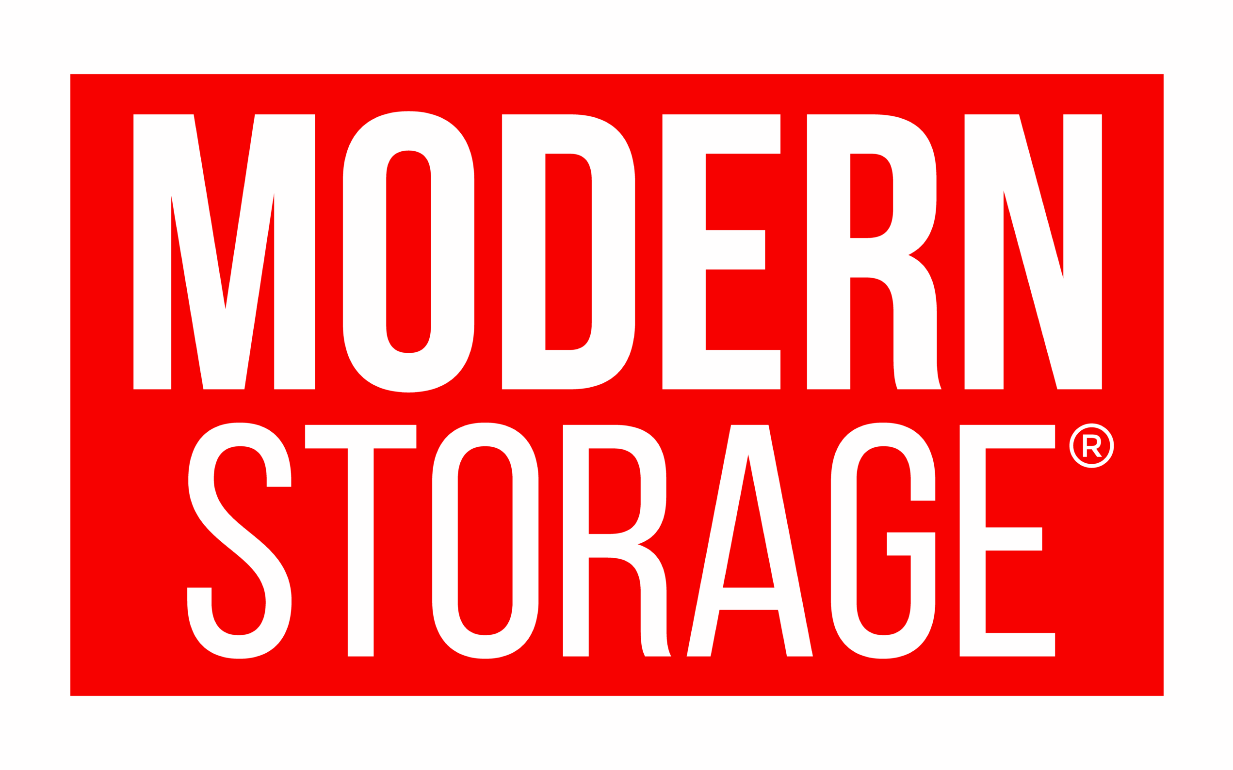 Modern Storage® logo in red and white rectangular badge, centered on a transparent background